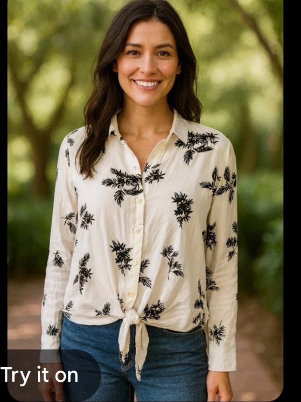 Anthropologie Cloth & Stone Rayon White Black Palm Leaf Front Tie Shirt Medium
